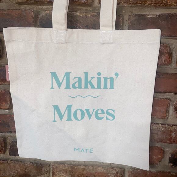 New Mate The Label Beige Organic Cotton Makin' Moves Teal Green Tote Bag Women's - Picture 3 of 7